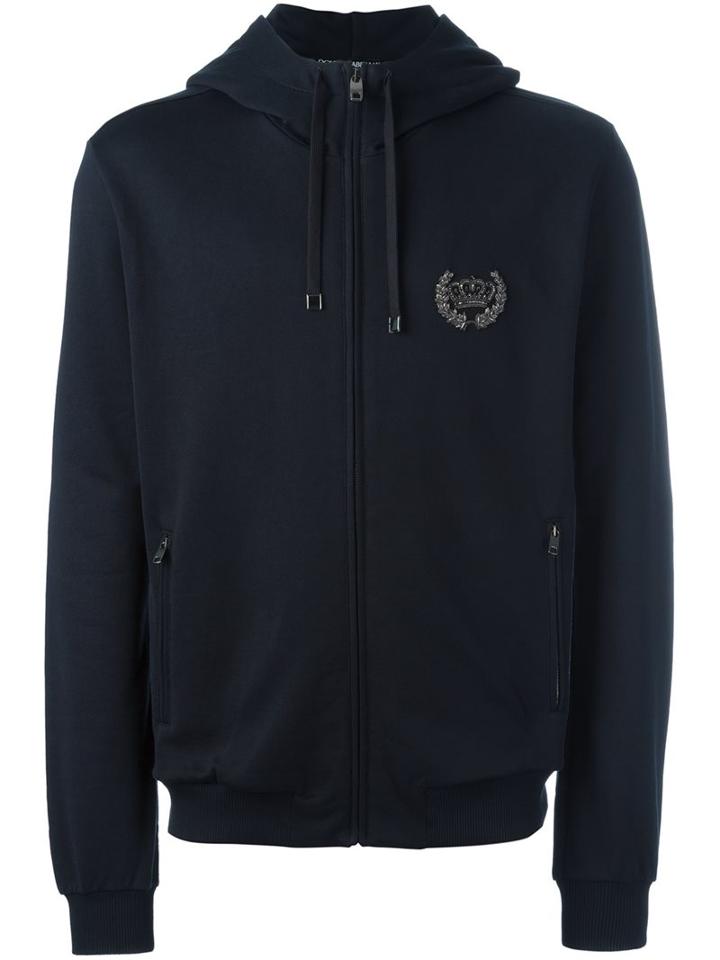 Dolce & Gabbana Crown Patch Hoodie, Men's, Size: 48, Blue, Cotton/polyester/metallic Fibre/copper