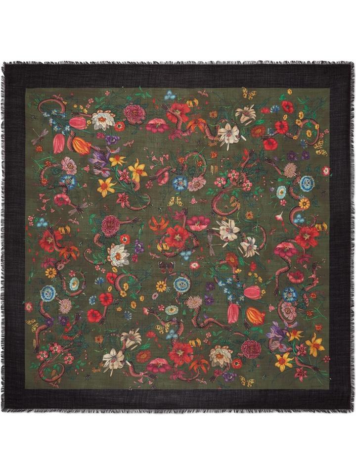 Gucci Flora Snake Vintage Print Wool Silk Shawl - Green