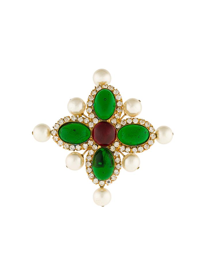 Chanel Vintage Multi Stone Embellished Brooch - Green