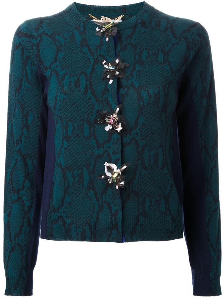 Muveil Snakeskin Print Embellished Cardigan, Women's, Size: 38, Green, Wool