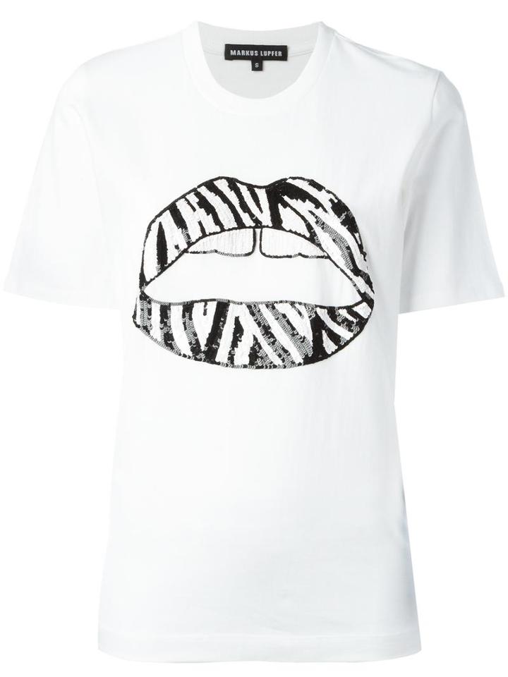 Markus Lupfer Sequinned Lips T-shirt, Women's, Size: Xs, White, Cotton