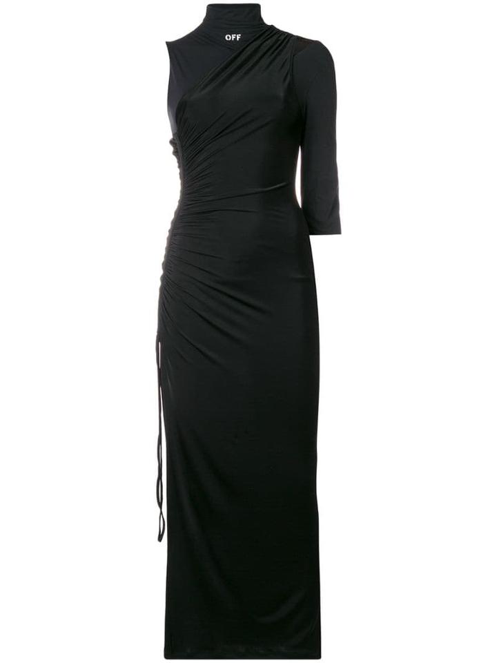 Off-white Asymmetric-sleeve Midi Dress - Black