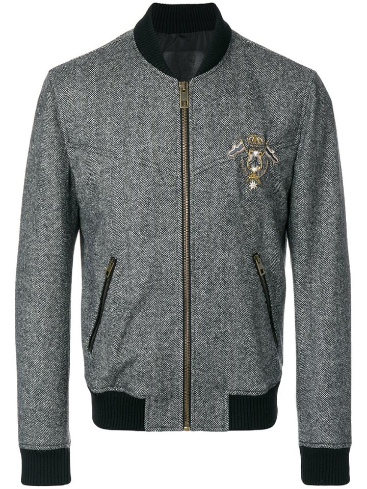 Dolce & Gabbana Patch Appliqué Tweed Bomber Jacket - Grey