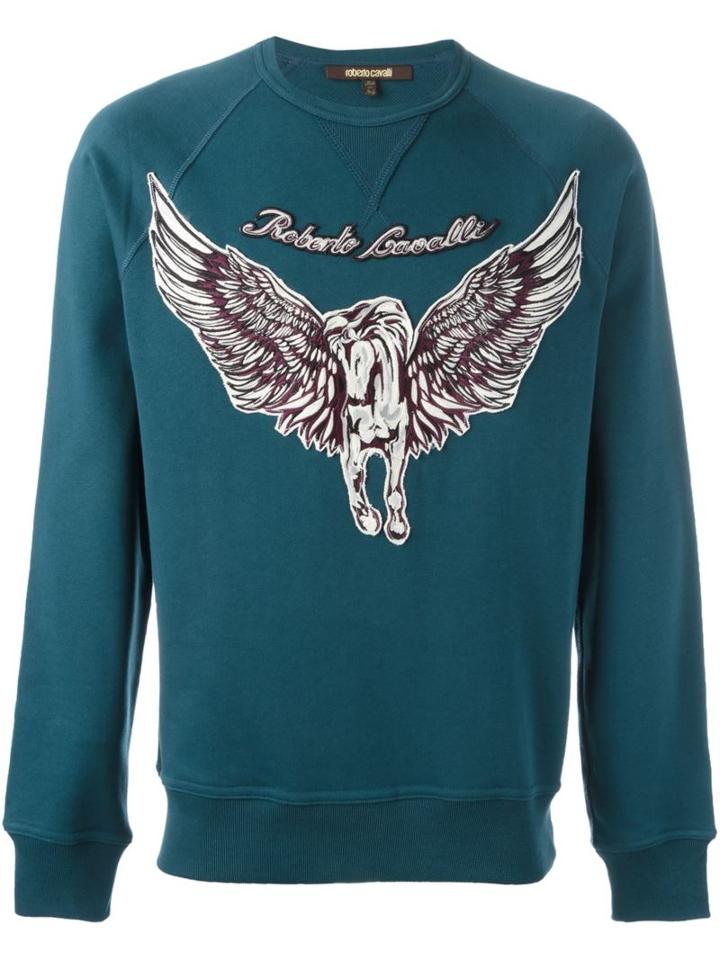 Roberto Cavalli Embroidered Pegasus Applique Sweatshirt, Men's, Size: Xl, Blue, Cotton