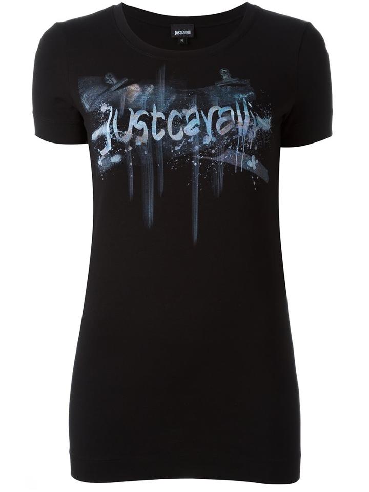 Just Cavalli Brushstroke Print T-shirt, Women's, Size: Medium, Black, Cotton/spandex/elastane