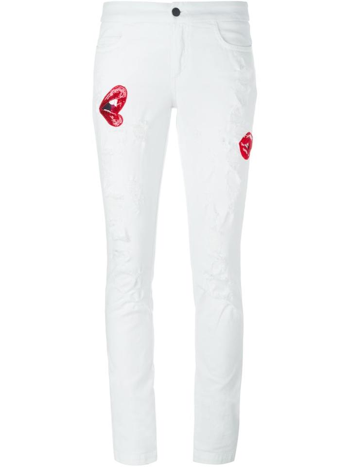 Giamba Lips Patch Distressed Skinny Jeans, Women's, Size: 42, White, Cotton/spandex/elastane
