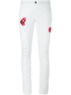 Giamba Lips Patch Distressed Skinny Jeans, Women's, Size: 42, White, Cotton/spandex/elastane