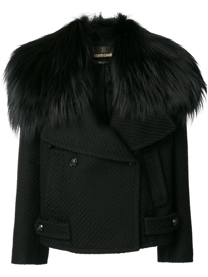 Roberto Cavalli Double Breasted Jacket With Large Collar - Black