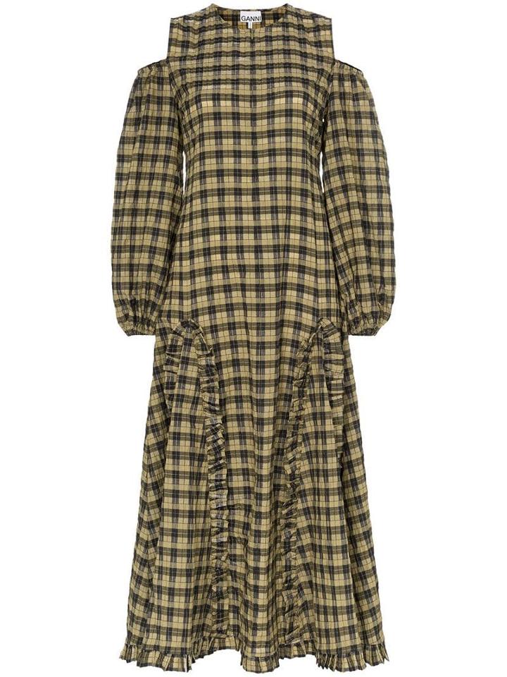 Ganni Charron Cold-shoulder Checked Maxi-dress - Green