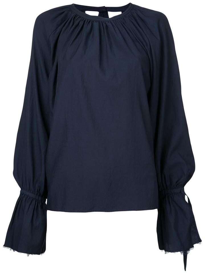 Cityshop - Gathered Neck Long Sleeve Blouse - Women - Cotton/cupro - One Size, Blue, Cotton/cupro