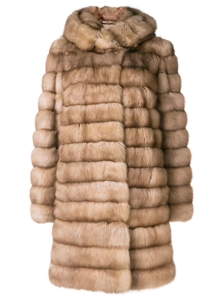 Liska Hooded Fur Coat - Nude & Neutrals