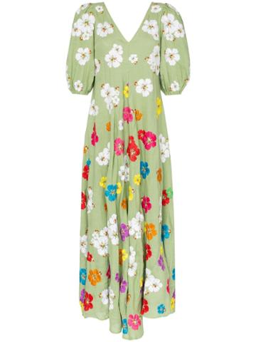 All Things Mochi Tila Floral Embroidered Linen Maxi Dress - Green