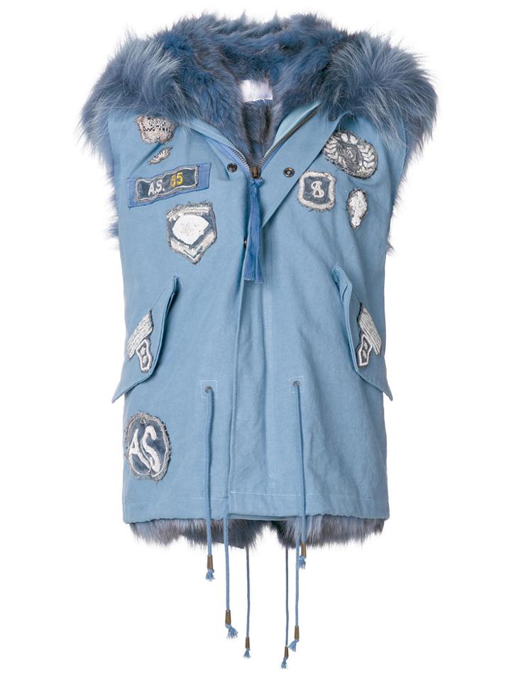 As65 Fur Trim Denim Gilet - Blue