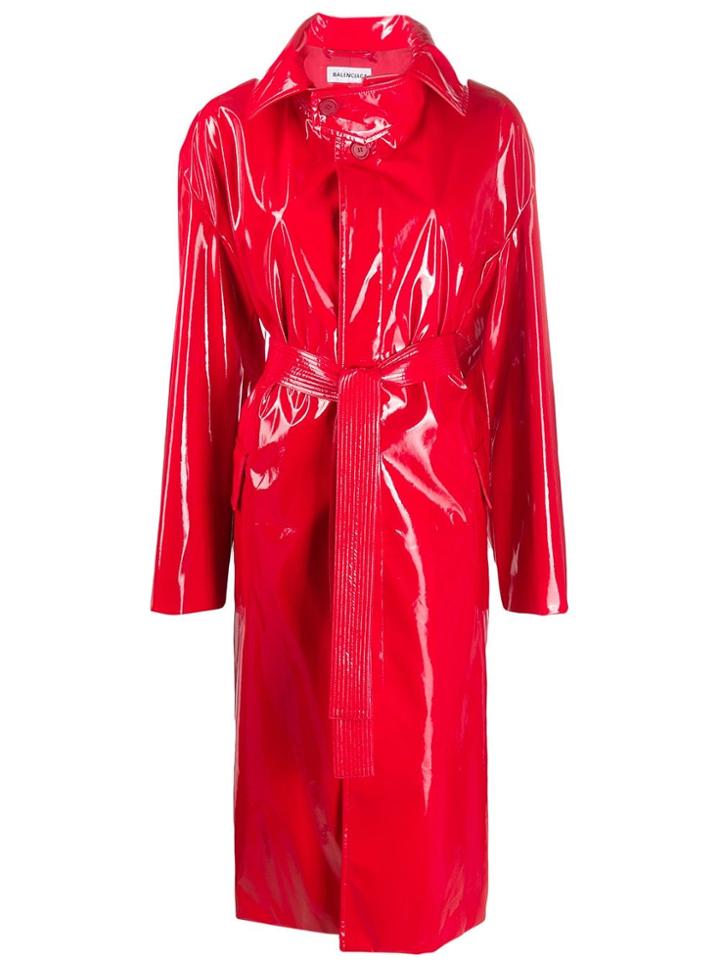 Balenciaga Vinyl Effect Belted Trench Coat - Red