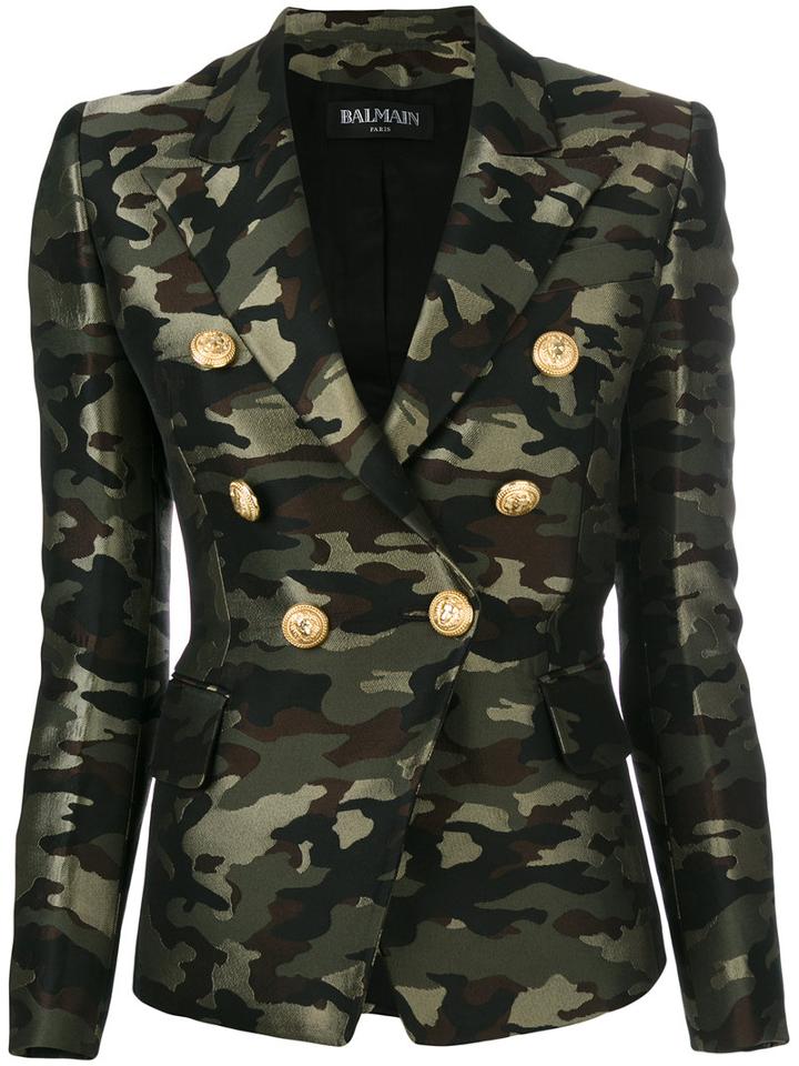 Balmain - Camouflage Double Breasted Blazer - Women - Cotton/polyester/acetate/viscose - 34, Green, Cotton/polyester/acetate/viscose