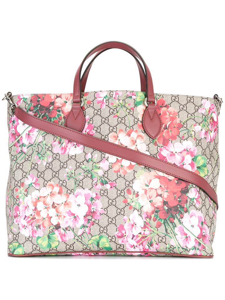 Gucci Blooms Print Gg Supreme Tote, Women's, Brown, Calf Leather/pvc