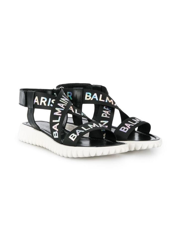 Balmain Teen Crossed Logo Strap Sandals - Black