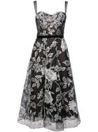 Marchesa Notte Floral Embroidered Flared Dress - Black