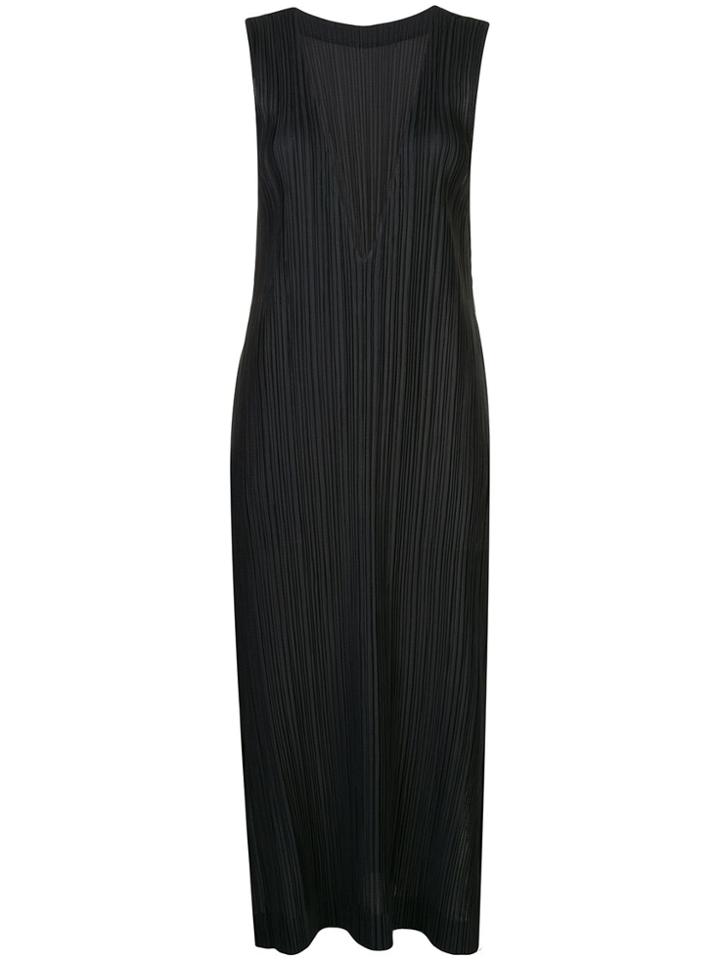 Pleats Please Issey Miyake Pleated V-neck Dress - Black