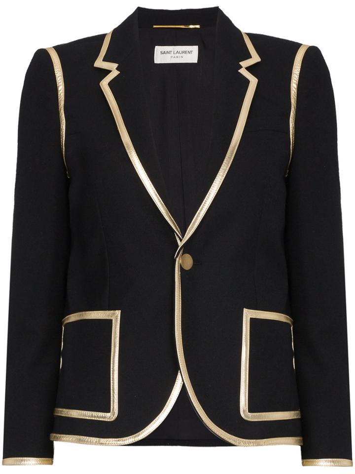 Saint Laurent Wool Gabardine Leather Trim Cropped Jacket - Black