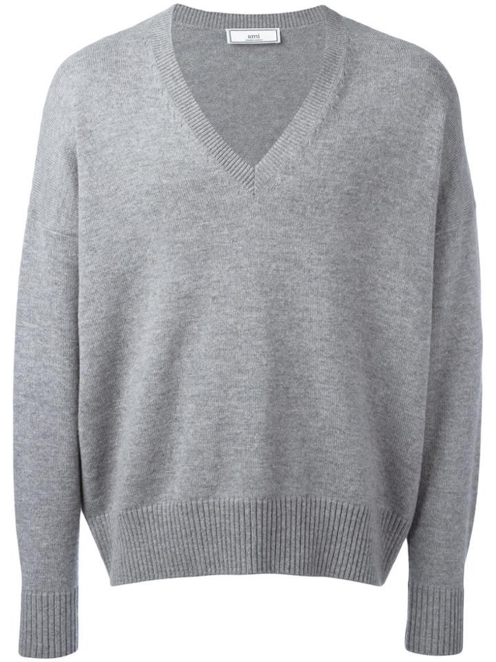 Ami Alexandre Mattiussi Oversized V Neck Sweater - Grey