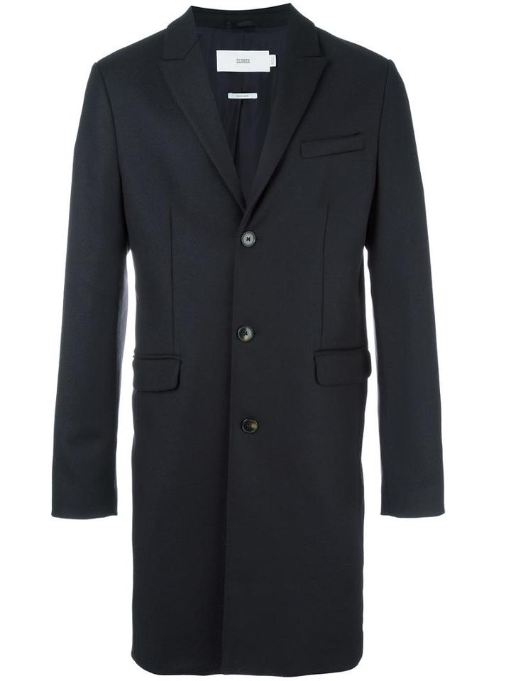 Closed Peaked Lapels Mid Coat, Men's, Size: Large, Blue, Virgin Wool/polyamide/viscose
