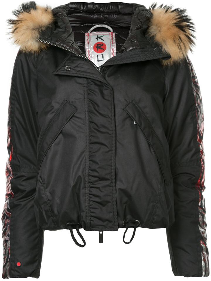 Kru Fur Hooded Bomber Jacket - Black