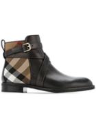 Burberry Strap Detail House Check And Leather Ankle Boots - Black