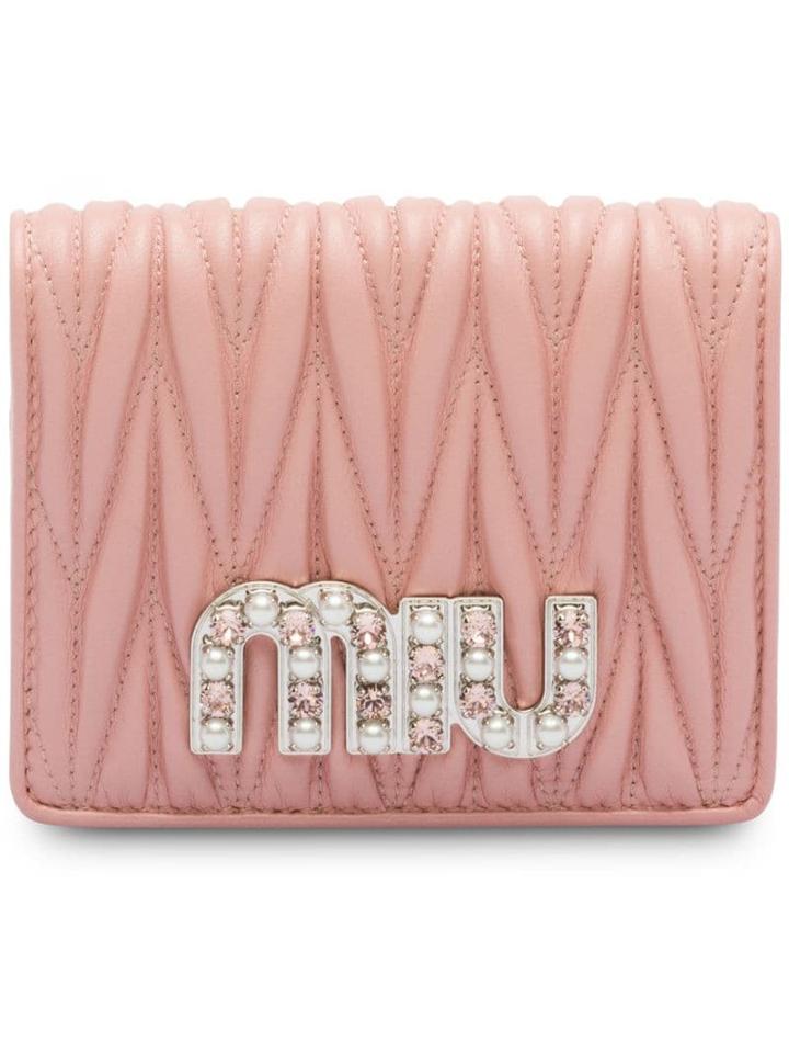 Miu Miu Matelassé Embellished Logo Wallet - Pink