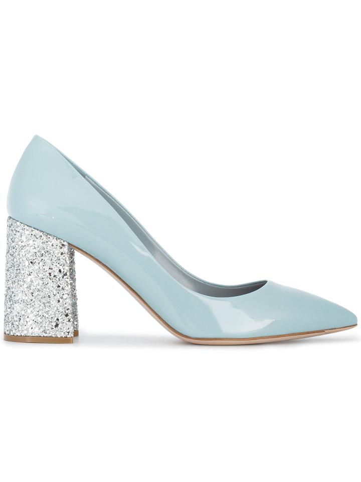 Miu Miu Blue Patent 85 Glitter Heel Pumps