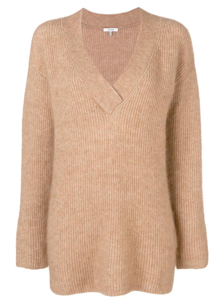 Ganni Ribbed V-neck Sweater - Nude & Neutrals