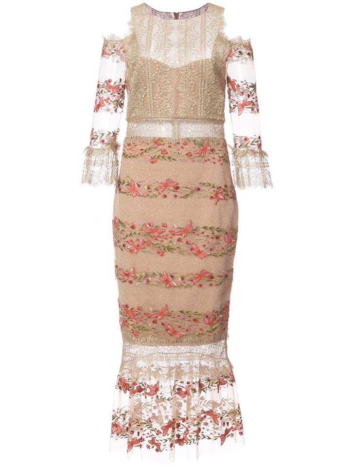 Marchesa Notte Embroidery And Lace Midi Dress - Yellow & Orange