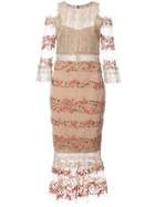 Marchesa Notte Embroidery And Lace Midi Dress - Yellow & Orange