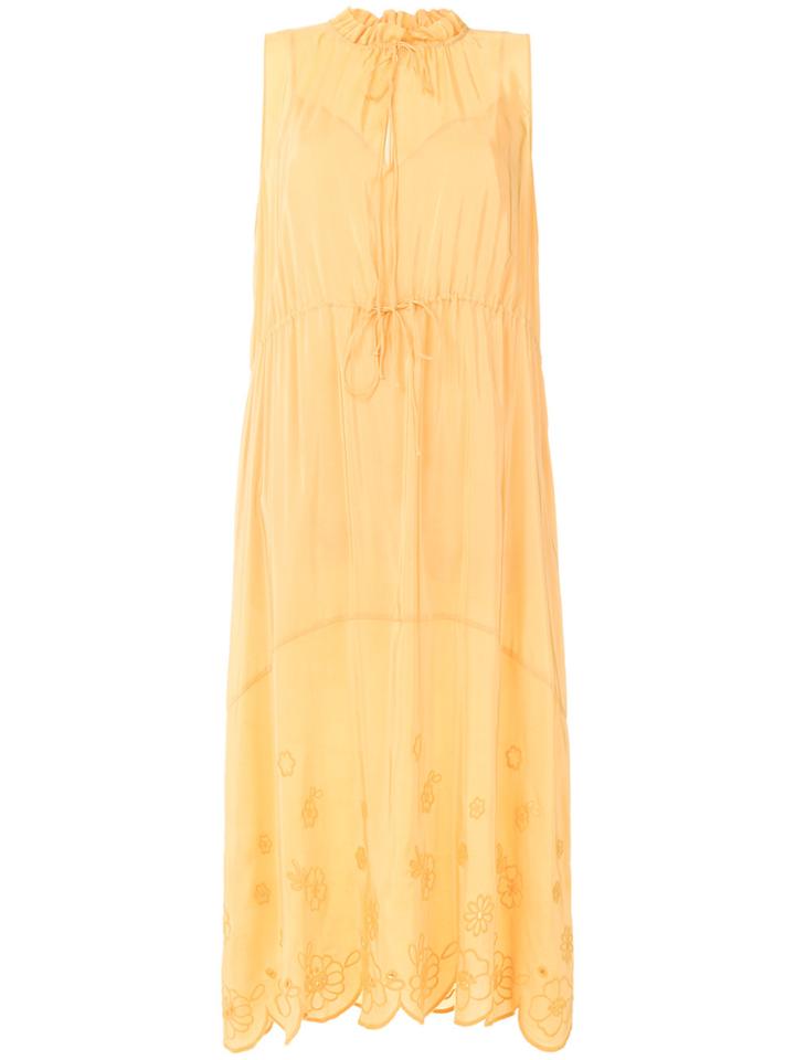See By Chloé Open Embroidery Tie Neck Midi Dress - Yellow & Orange
