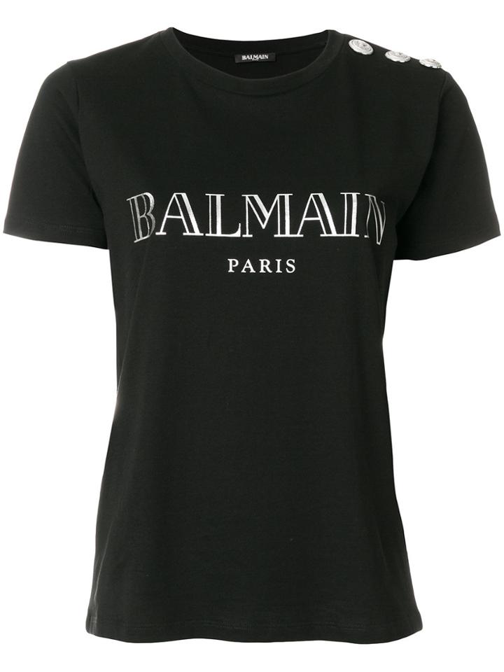 Balmain Logo Print Buttoned T-shirt - Black