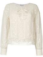 Red Valentino - Crochet And Sheer Panel Blouse - Women - Cotton/polyester - 38, Nude/neutrals, Cotton/polyester