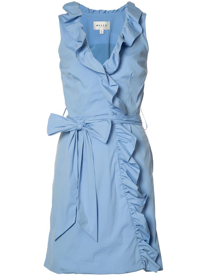 Milly Ruffle Trim Wrap Dress, Women's, Size: 4, Blue, Polyester/acetate/cotton/spandex/elastane