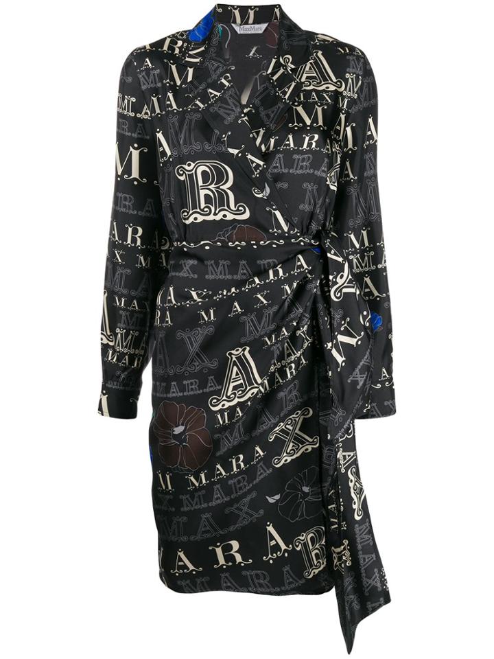 Max Mara Monogram Print Silk Wrap Dress - Black