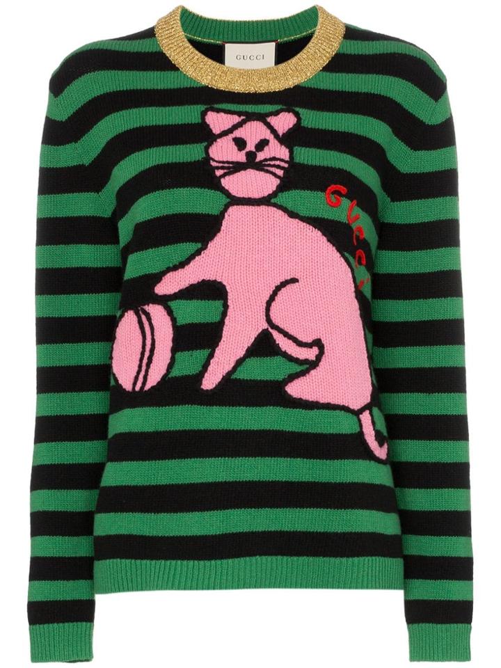 Gucci Cat And Baseball Stripe Wool Jumper - Green