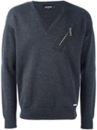 Dsquared2 Zip Detail V-neck Sweatshirt, Men's, Size: Xl, Grey, Virgin Wool