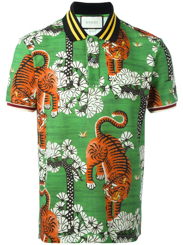 Gucci Bengal Print Polo Shirt, Men's, Size: Large, Green, Cotton/spandex/elastane