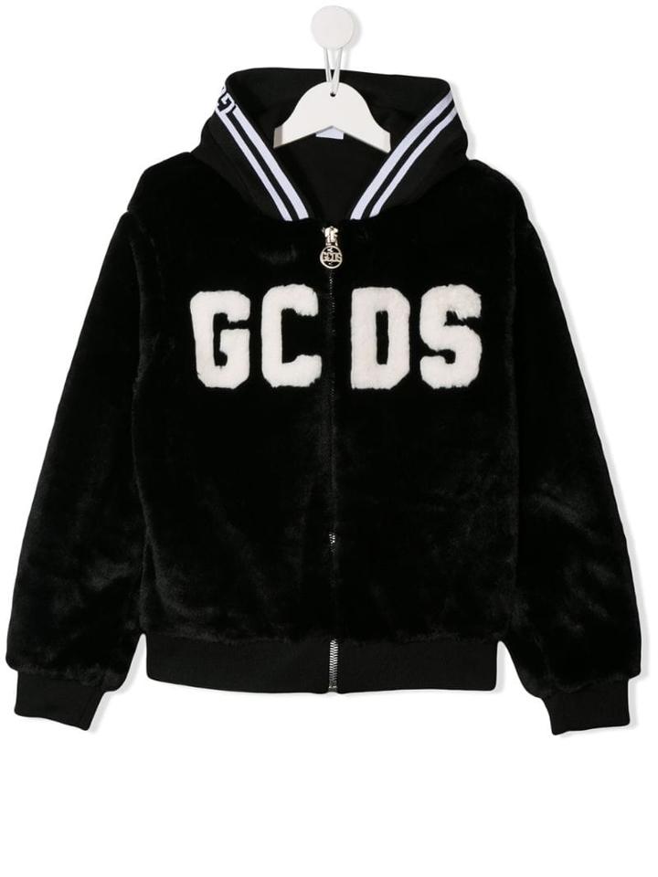 Gcds Kids Teen Faux Fur Zip Front Hoodie - Black