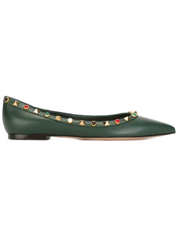 Valentino Rockstud Rolling Ballerinas, Women's, Size: 35, Green, Leather/metal Other