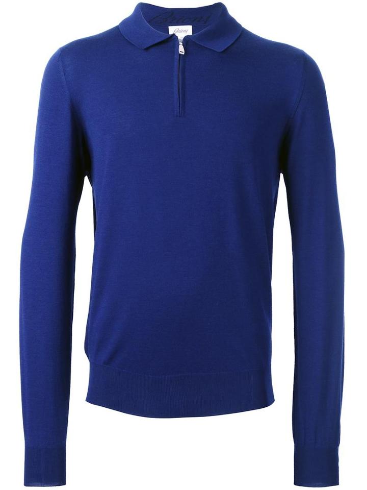 Brioni Zip Up Polo Shirt, Men's, Size: 50, Blue, Wool