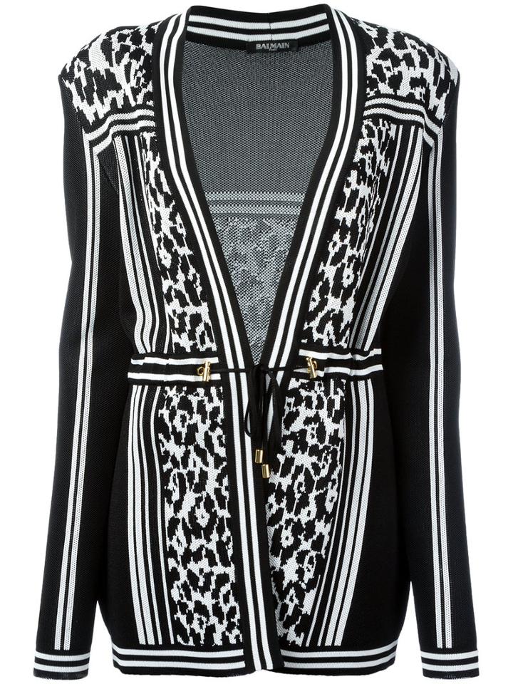 Balmain Striped Leopard Belted Cardigan, Women's, Size: 38, Black, Viscose