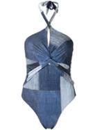 Amir Slama Panelled Swimsuit, Women's, Size: P, Blue, Elastodiene