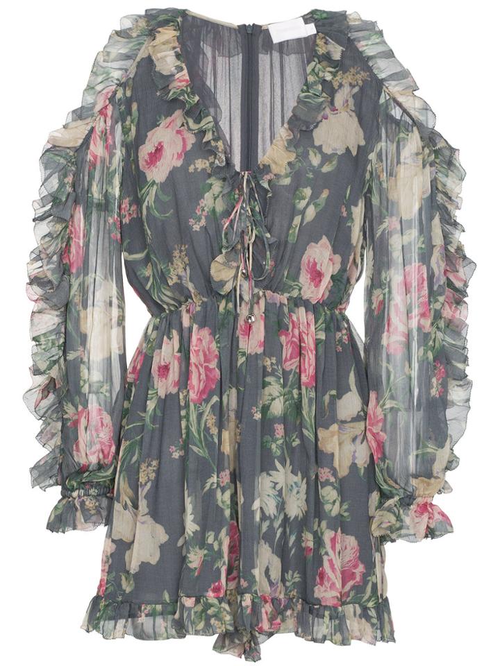 Zimmermann Iris Floral Print Silk Tie Playsuit - Grey