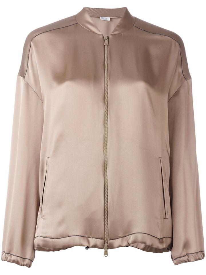 Brunello Cucinelli - Zipped Bomber Jacket - Women - Silk/acetate/viscose/brass - M, Brown, Silk/acetate/viscose/brass