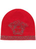 Versace Medusa Intarsia Beanie Hat - Red