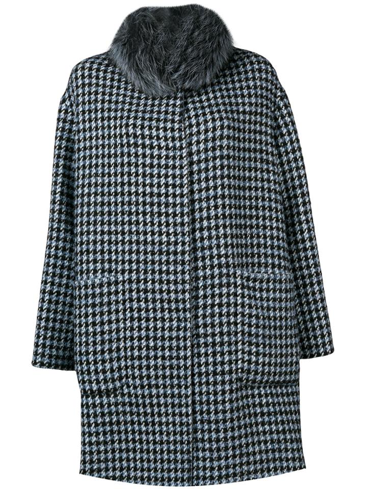 Manzoni 24 Houndstooth Fur Collar Coat - Blue